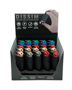 DISSIM SLIM SOFT FLAME LIGHTERS IN DISPLAY BOX OF 25 MIXED COLORS